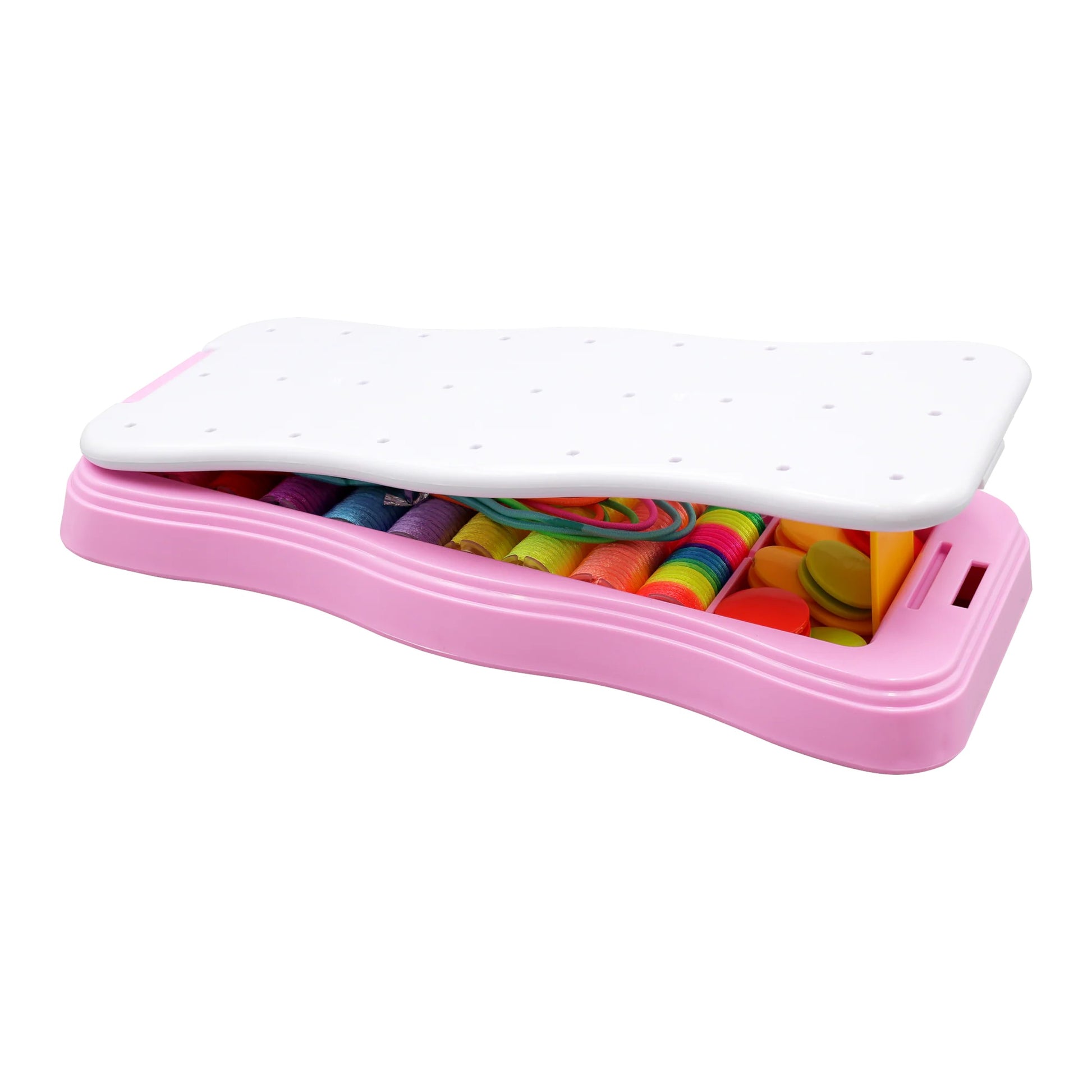 10-Bracelet Friendship Bracelet Kit, featuring a portable pink weaving loom and colorful threads for making custom bracelets