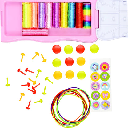 10-Bracelet Friendship Bracelet Kit, featuring a portable pink weaving loom and colorful threads for making custom bracelets