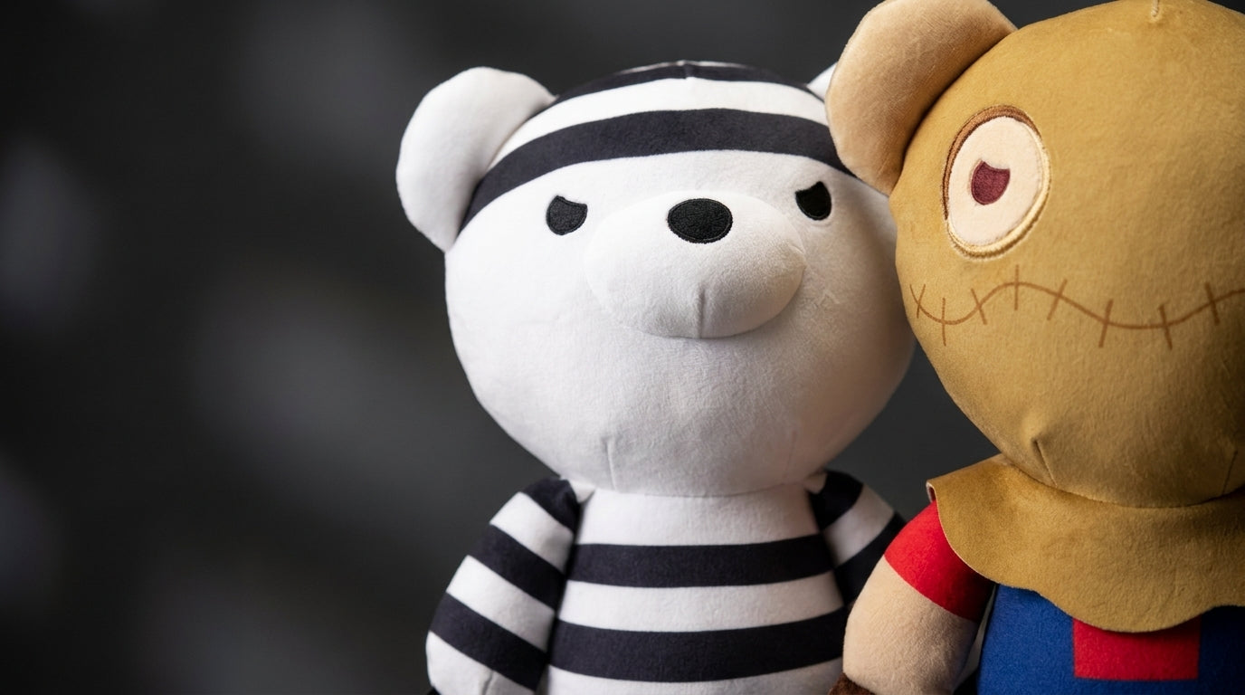 Two plush toys, one in a prisoner outfit and the other in a superhero costume, against a dark background.