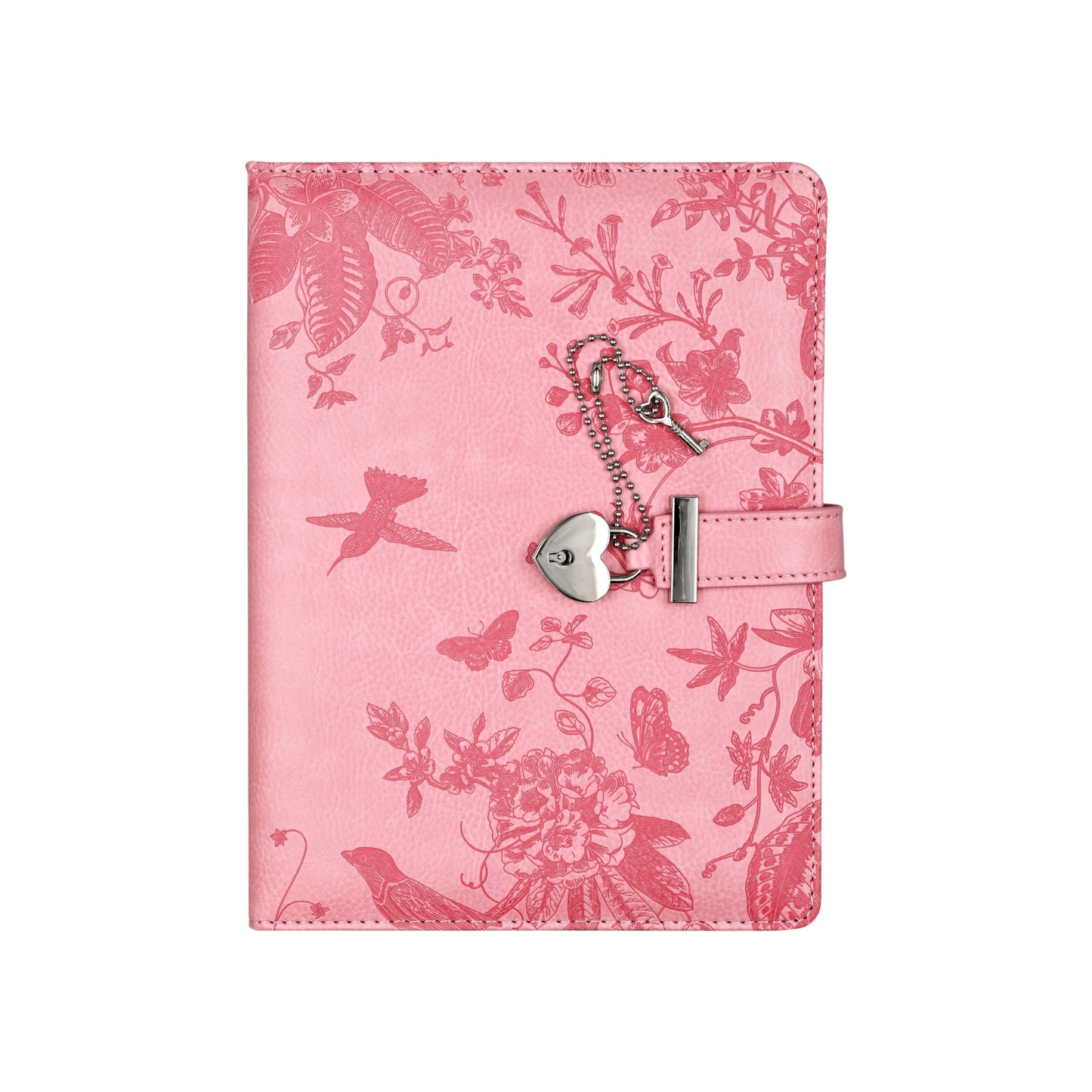 192-Page Artisan Hummingbird Locking Journal, featuring a soft pink faux leather cover with an embossed hummingbird design and a silver heart-shaped lock