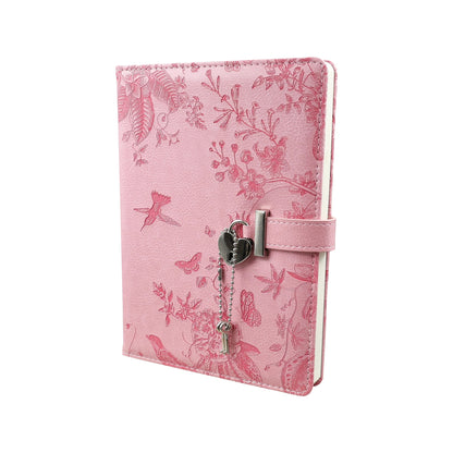 192-Page Artisan Hummingbird Locking Journal, featuring a soft pink faux leather cover with an embossed hummingbird design and a silver heart-shaped lock