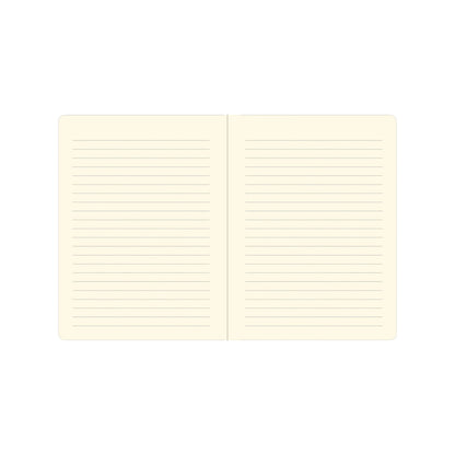Two open pages of a notebook with lined paper on a white background