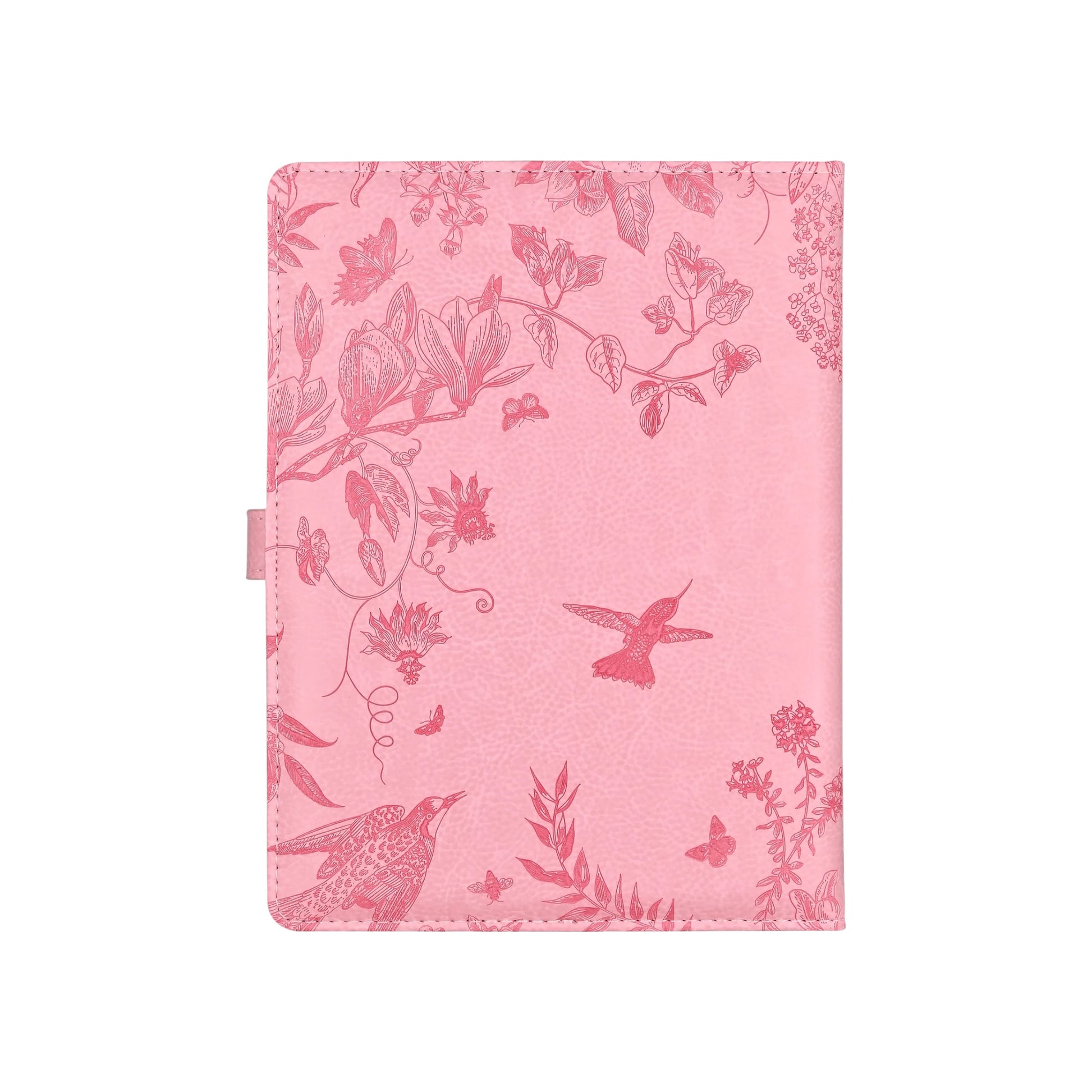 Pink notebook with floral and bird pattern on a white background