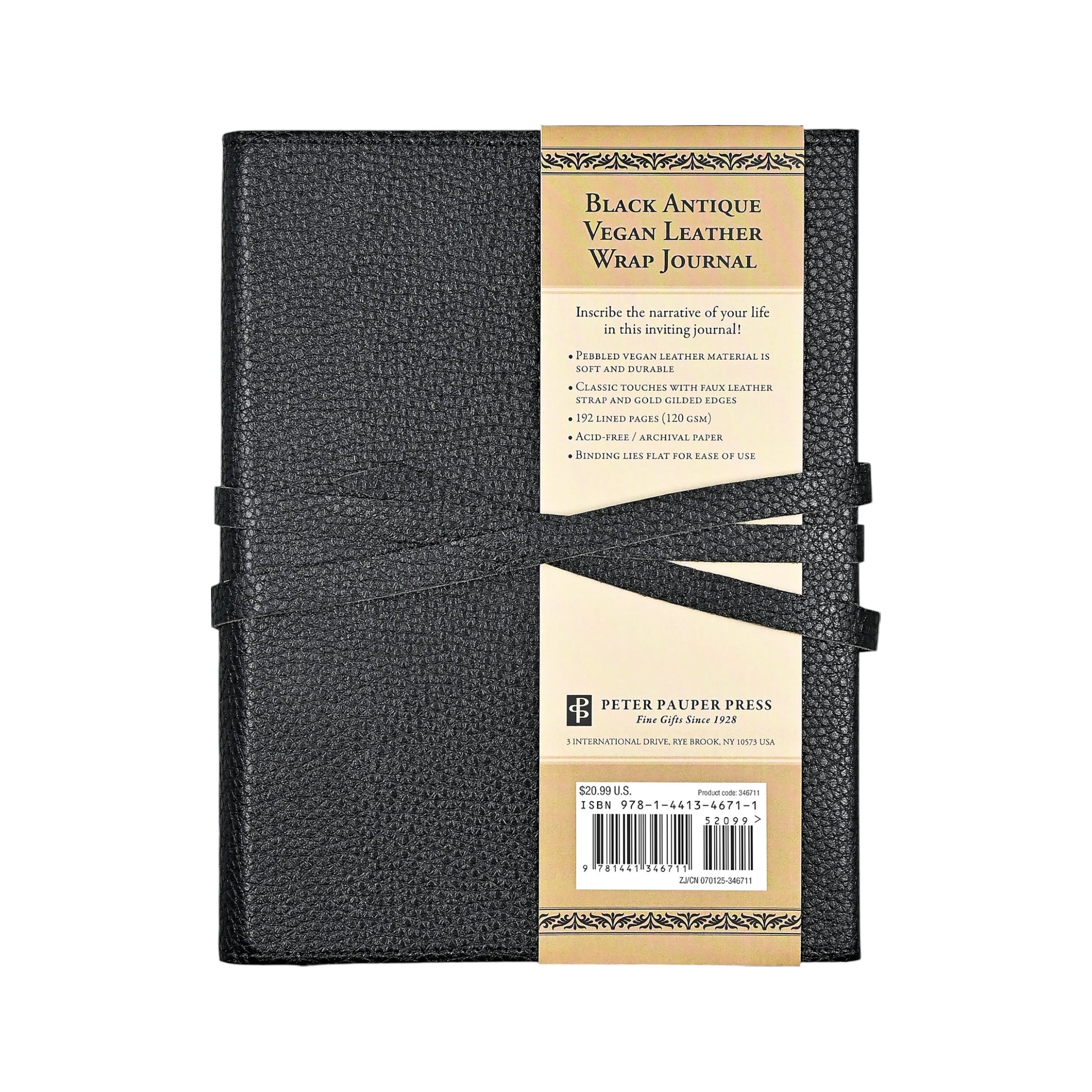 192-Page Black Vegan Leather Wrap Journal, featuring a textured black faux leather cover with a stylish tie closure and gold-trimmed pages