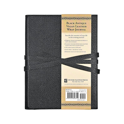 192-Page Black Vegan Leather Wrap Journal, featuring a textured black faux leather cover with a stylish tie closure and gold-trimmed pages