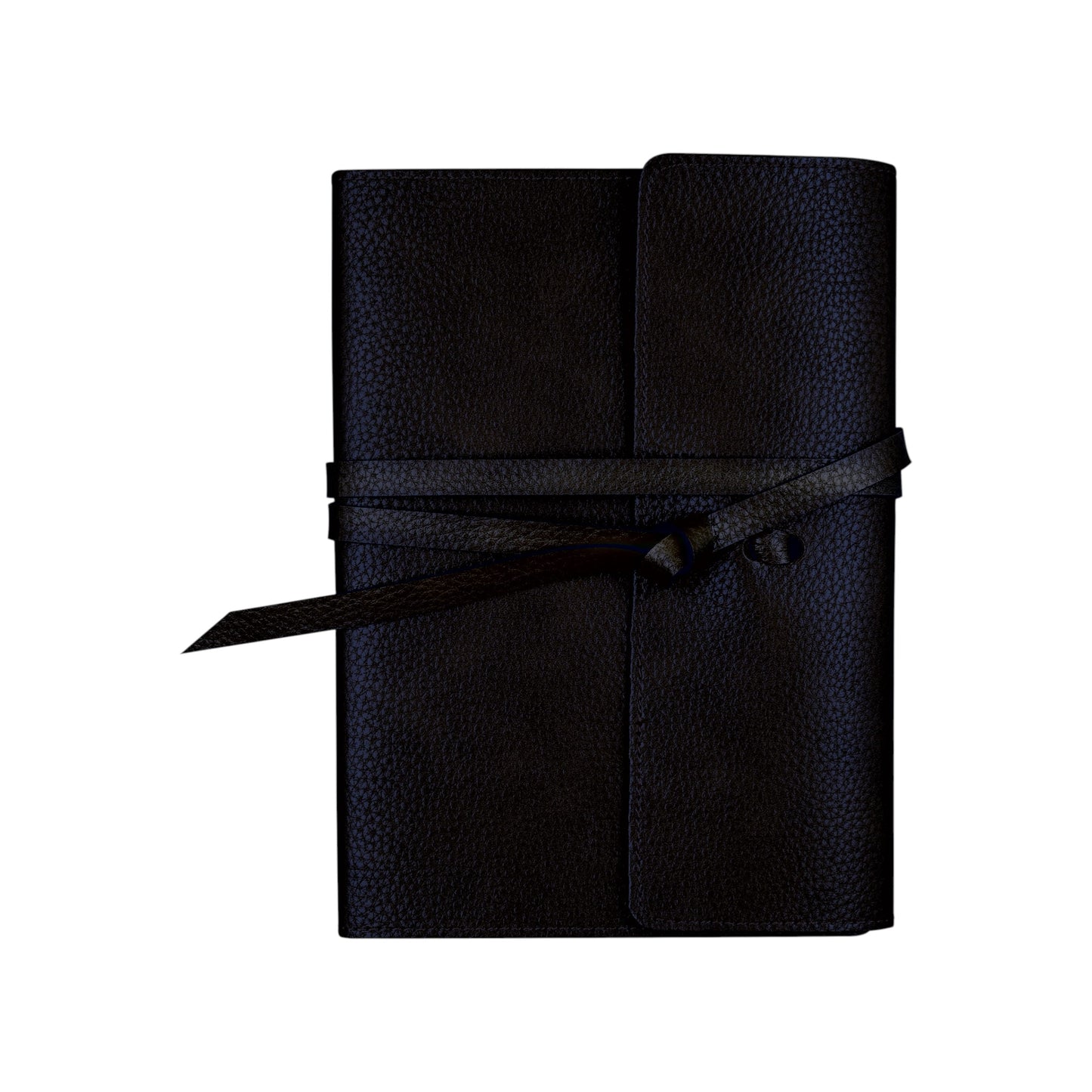 192-Page Black Vegan Leather Wrap Journal, featuring a textured black faux leather cover with a stylish tie closure and gold-trimmed pages