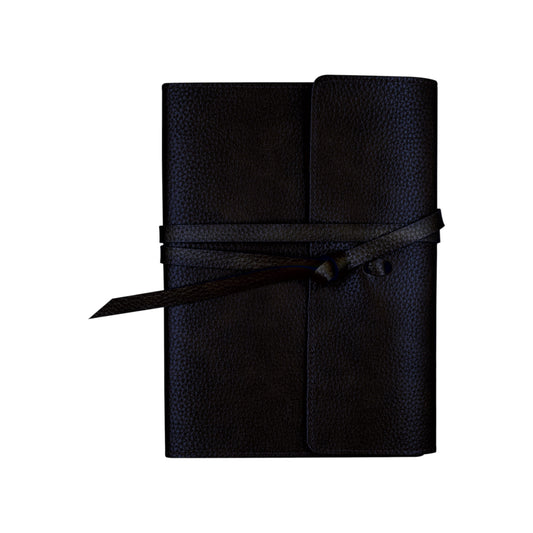 192-Page Black Vegan Leather Wrap Journal, featuring a textured black faux leather cover with a stylish tie closure and gold-trimmed pages