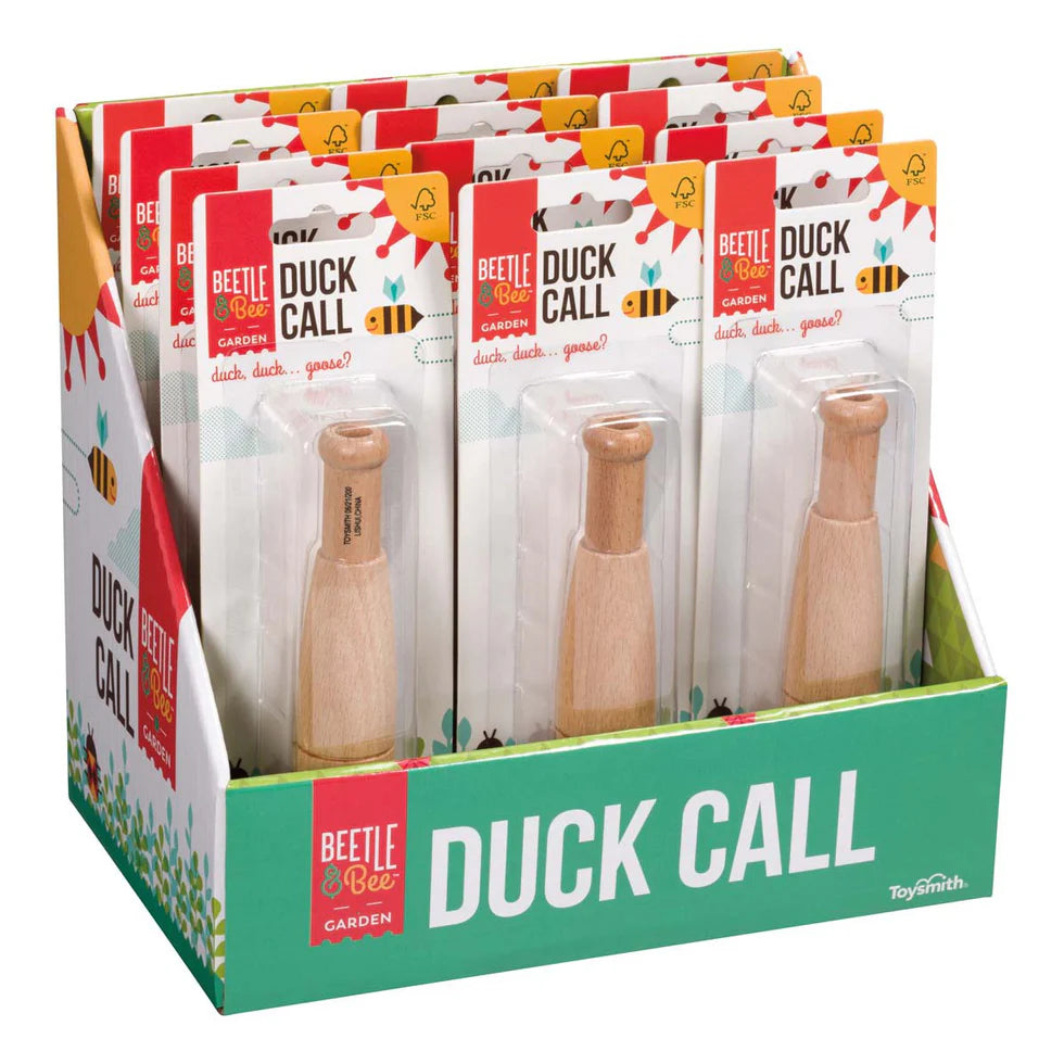 Display of Beetle & Bee Garden Duck Call packaging with a wooden duck call inside.