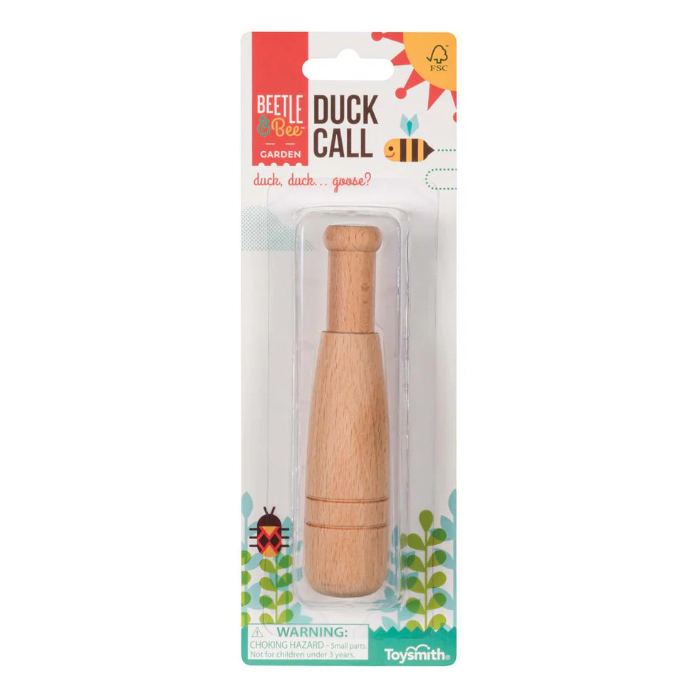 Wooden duck call in packaging with 'Beetle & Bee' branding on a white background