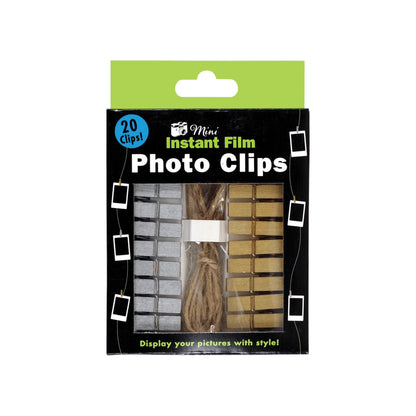20-Piece Gold & Silver Instant Film Photo Clips, featuring wooden mini clothespins in metallic finishes with natural twine string