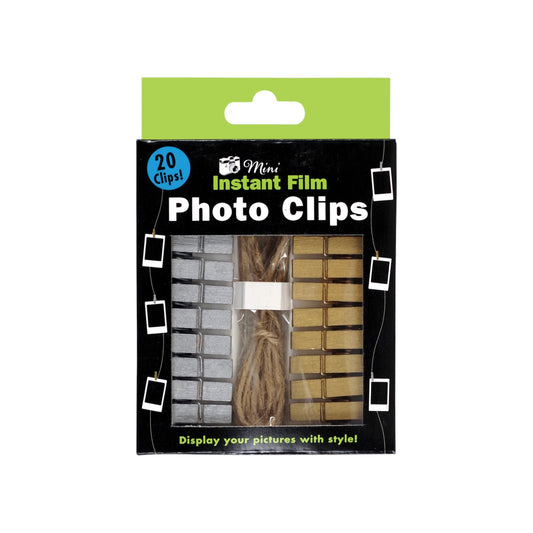 20-Piece Gold & Silver Instant Film Photo Clips, featuring wooden mini clothespins in metallic finishes with natural twine string