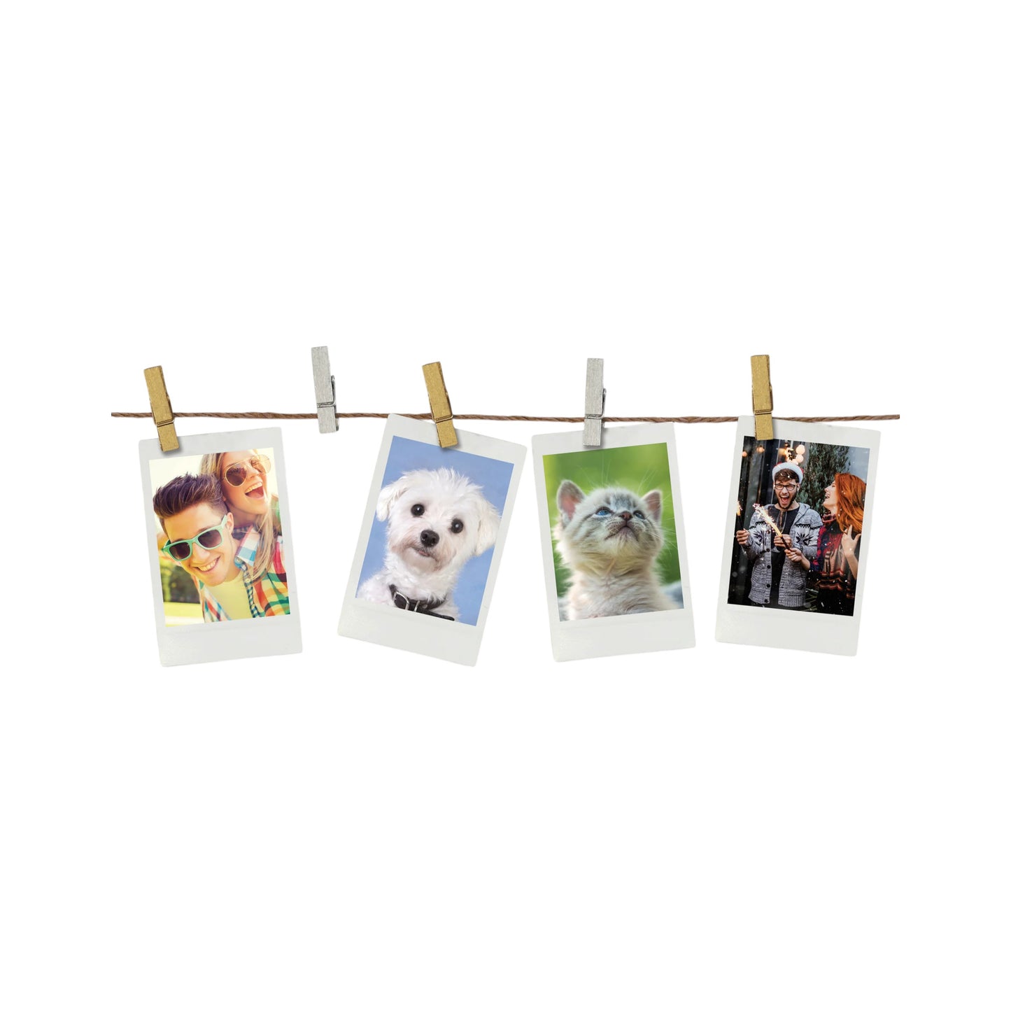 20-Piece Gold & Silver Instant Film Photo Clips, featuring wooden mini clothespins in metallic finishes with natural twine string