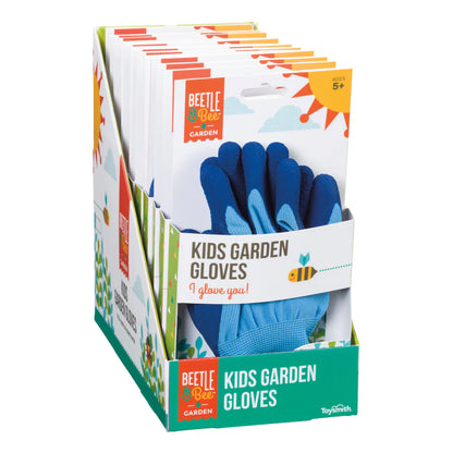 Packaging of Beetle & Roach Kids Garden Gloves with colorful design on a white background
