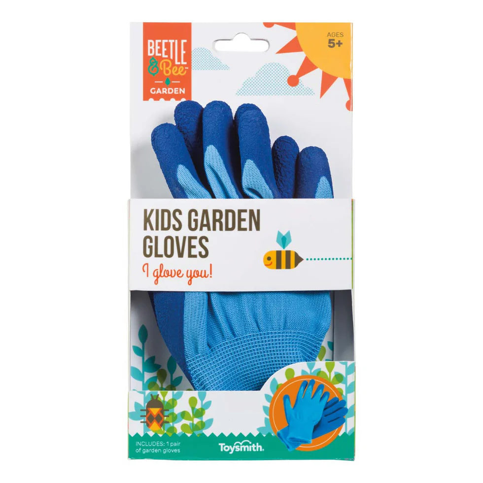Packaging of kids garden gloves with Beetle & Bee Garden branding on a white background
