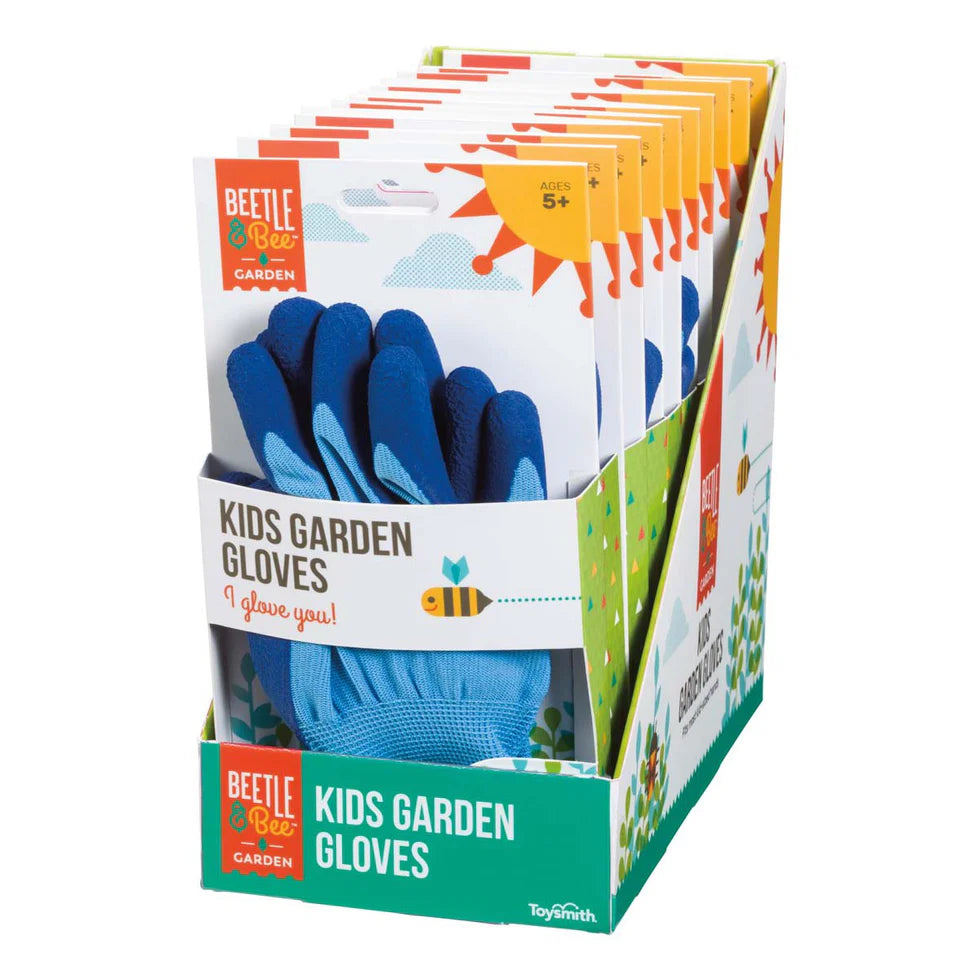 Display box of blue kids garden gloves with colorful design on a white background