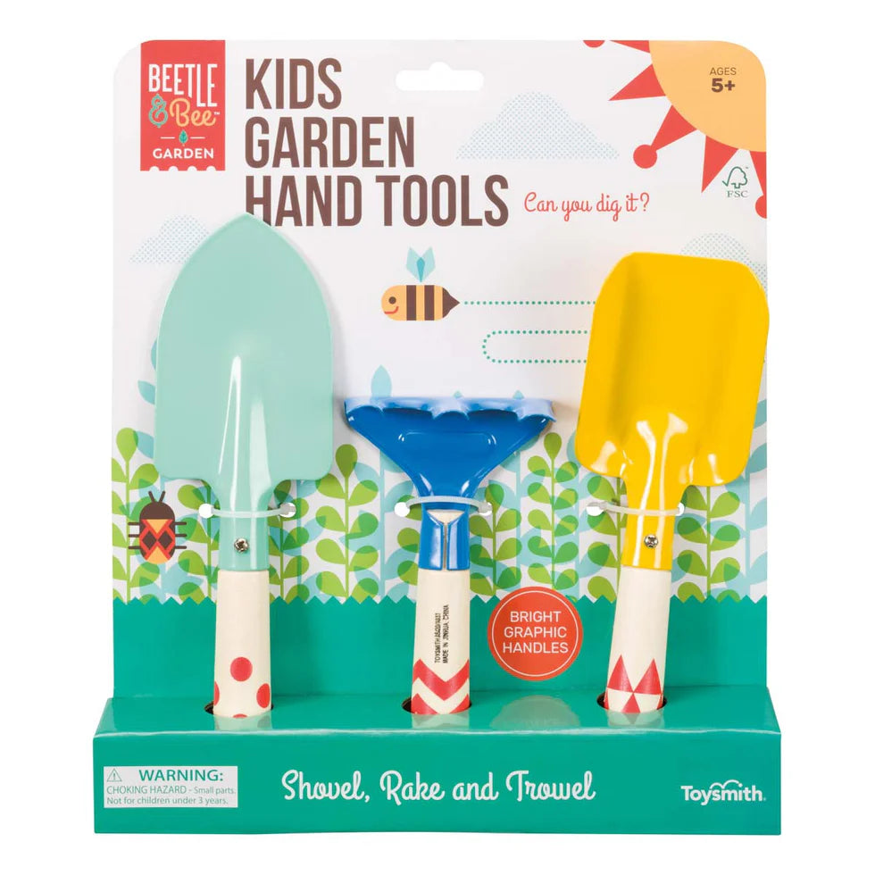 Packaged set of kids garden hand tools with a shovel, rake, and trowel on a colorful background.