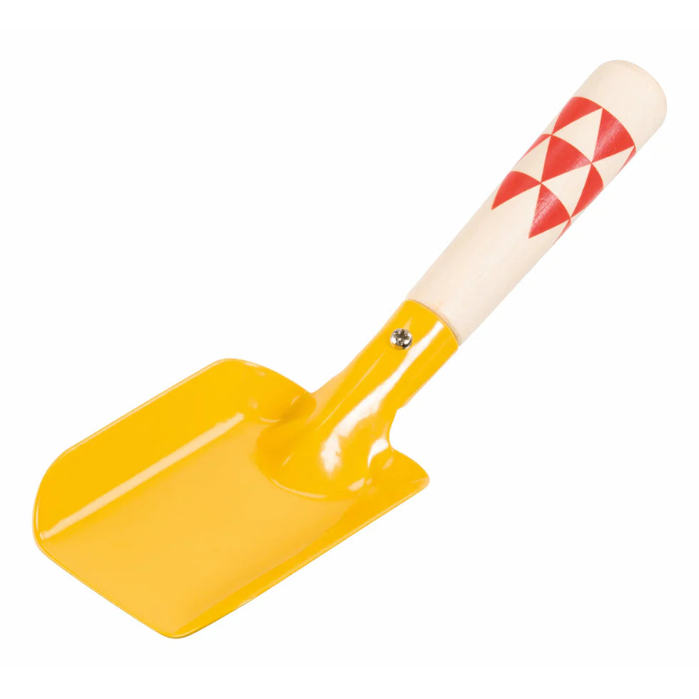 Yellow shovel with a red and white checkered handle on a white background