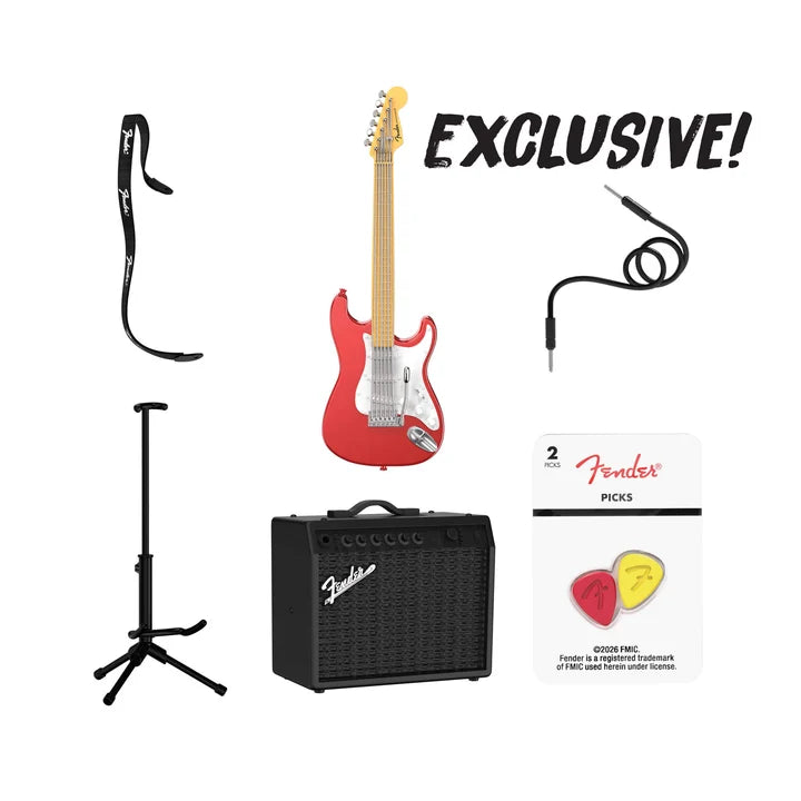 Guitar set with amplifier, stand, cable, and Fender picks on a white background