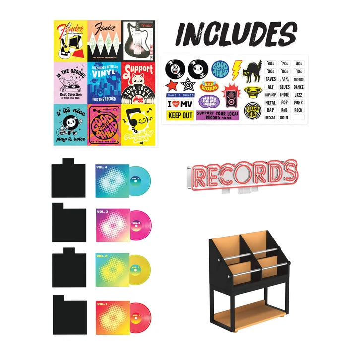 A vinyl record store display set on a white background, including a black and wood record rack, a red neon-style 'RECORDS' sign, a 'INCLUDES' graphic sheet with various sticker designs, album cover art samples, and four vinyl records in black, blue, pink, yellow, and red.