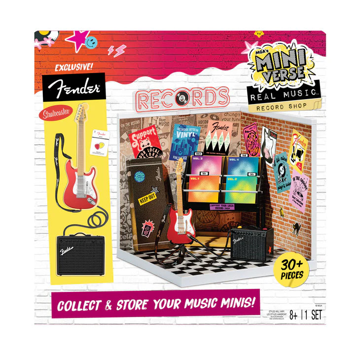 MGA's Miniverse Make It Mini Real Music Record Shop playset with miniature Fender guitar, amplifier, and record display shelf.