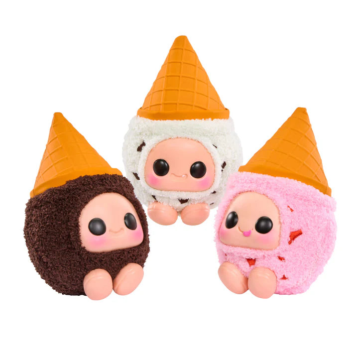 Hyojo Breyers Ice Cream Cone Series blind box collectible plush featuring cute expressive faces inside chocolate, mint chocolate chip, and strawberry ice cream designs.