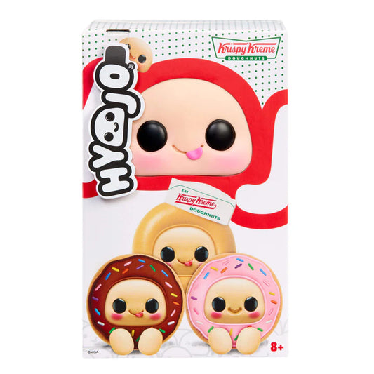 Hyojo Krispy Kreme Doughnuts Series blind box collectible plush featuring cute expressive faces inside chocolate iced, strawberry iced, and original glazed doughnut designs.