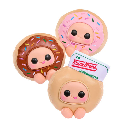 Hyojo Krispy Kreme Doughnuts Series blind box collectible plush featuring cute expressive faces inside chocolate iced, strawberry iced, and original glazed doughnut designs.