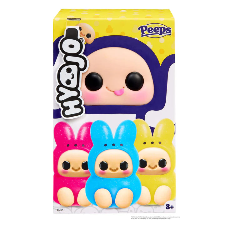 Hyojo PEEPS Marshmallow Bunny Series blind box collectible plush featuring cute expressive faces inside pink, blue, and yellow bunny marshmallow designs.