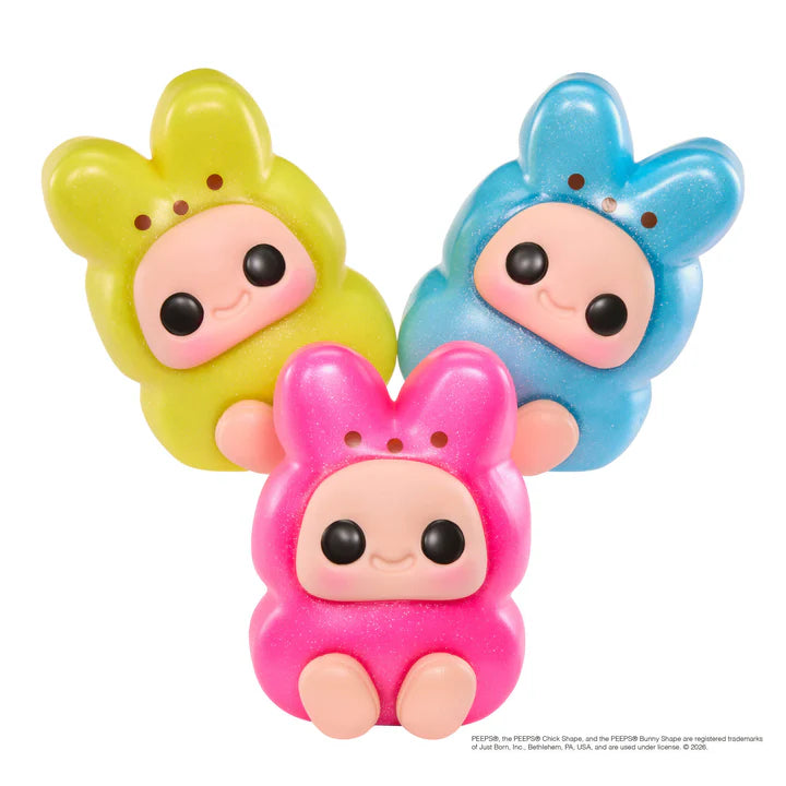 Hyojo PEEPS Marshmallow Bunny Series blind box collectible plush featuring cute expressive faces inside pink, blue, and yellow bunny marshmallow designs.