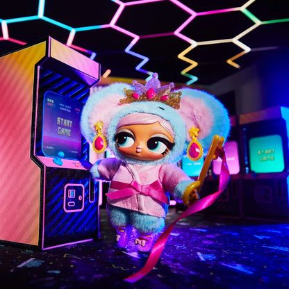 Toy figure with colorful hair and outfit in front of an arcade machine with a vibrant, multicolored geometric pattern in the background.