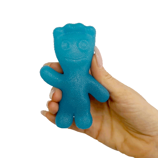 A hand squeezing a translucent blue Sour Patch Kids Squishy Toy