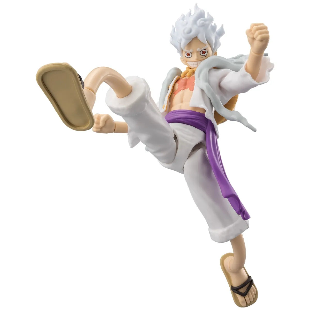 Anime Heroes One Piece Monkey D. Luffy Gear 5 6.5-inch action figure shown in an expressive mid-air kicking pose with white hair and white clothes.