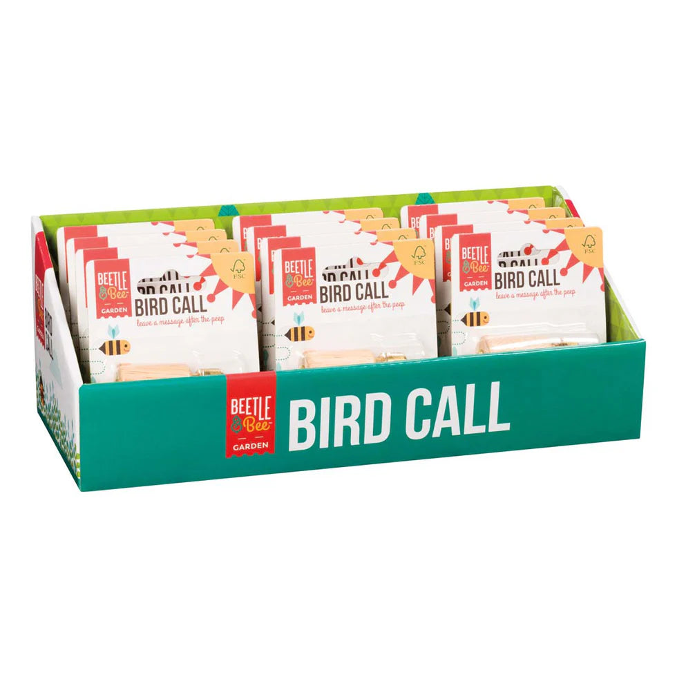 Display of Beetle & Bug Garden Bird Call packets in a green holder on a white background