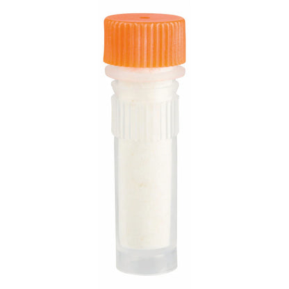 Clear glass vial with an orange cap on a white background