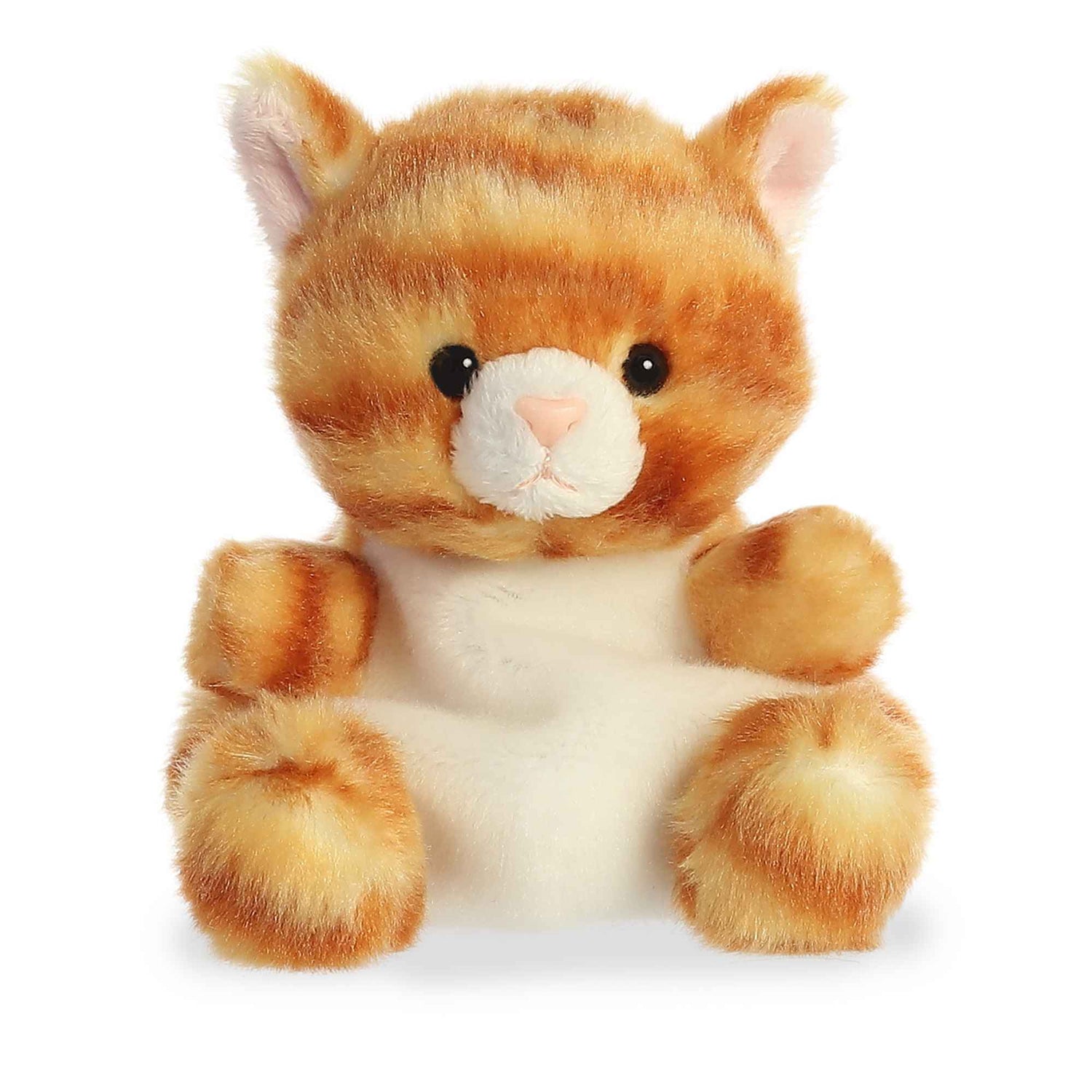 A product photo of the Palm Pals Meow Kitty, a small orange and white tabby cat plush, sitting on a white background.