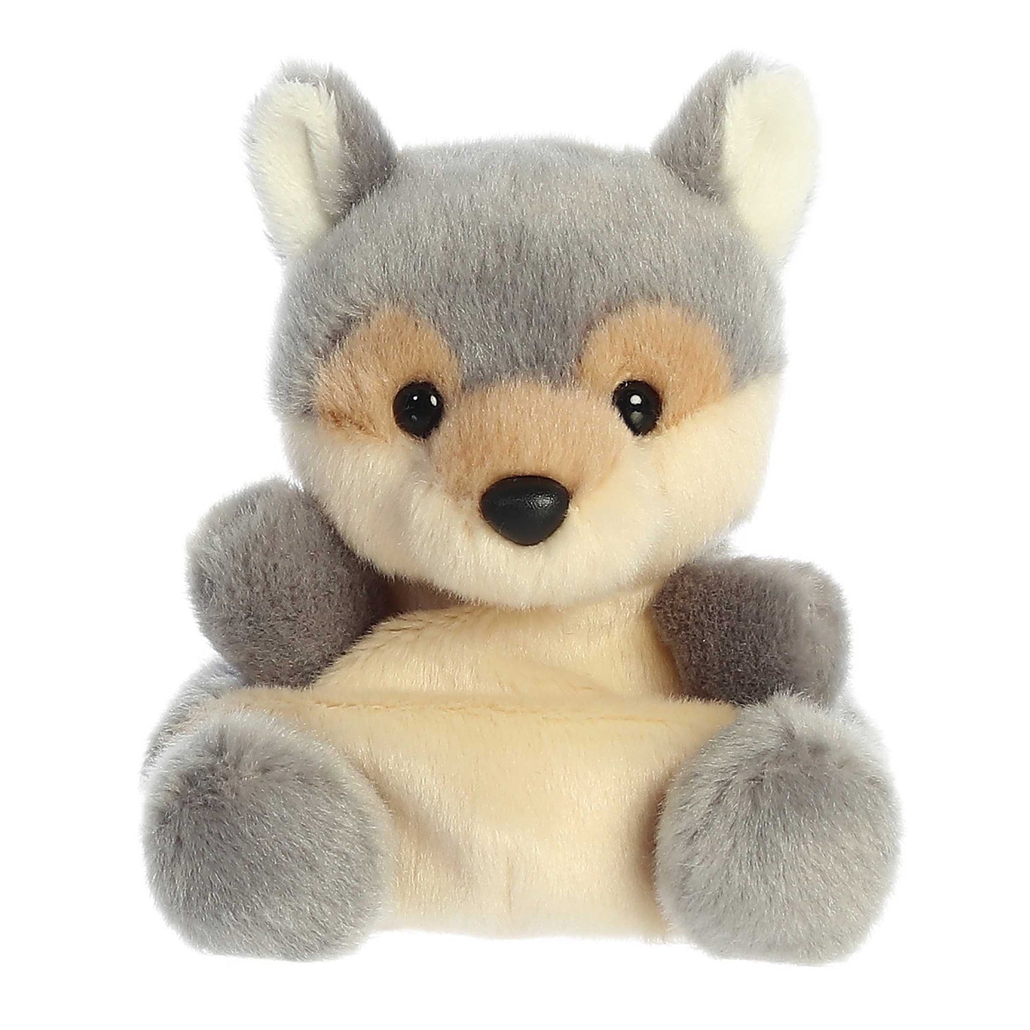 A product photo of the Palm Pals Lucian Wolf 5-Inch Plush, a gray and beige wolf stuffed animal with alert ears, sitting on a white background.