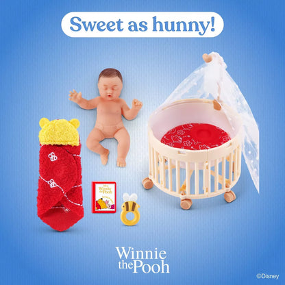 Baby doll, crib, and Winnie the Pooh-themed items on a blue background with 'Sweet as hunny!' text.