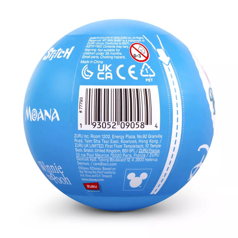 Blue ball with branding and product information on a white background