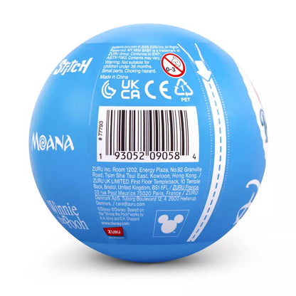 Blue ball with branding and product information on a white background