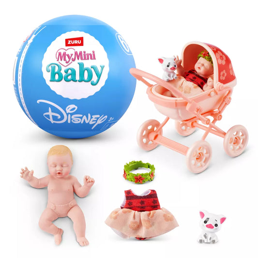 5 Surprise My Mini Baby Disney Series 1 surprise capsule by ZURU featuring a Moana-themed silicone doll and stroller playset.