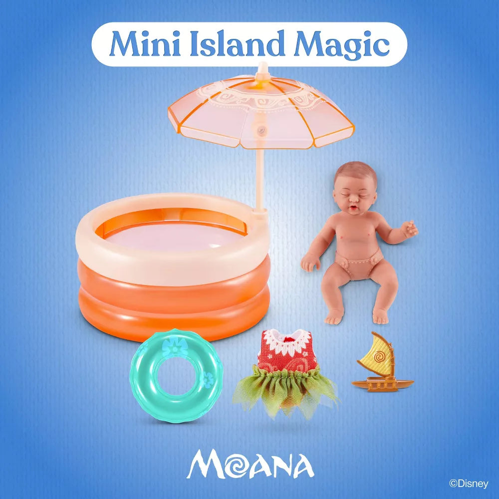 Mini Island Magic Moana toy set with inflatable pool, doll, umbrella, and accessories on a blue background.