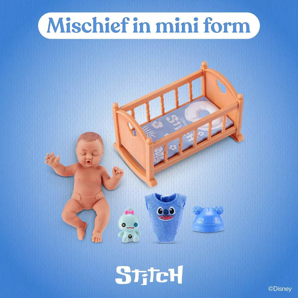Toy baby figure with crib, toys, and 'Stitch' branding on a blue background