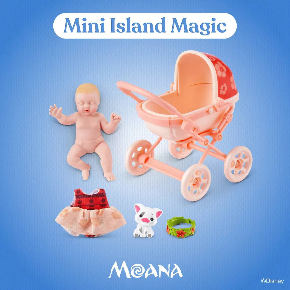 Toy baby set with stroller, clothes, and a dog figure on a blue background with 'Mini Island Magic' text.