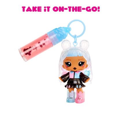 Keychain with a small doll and bottle, featuring text 'Take it on-the-go!'.
