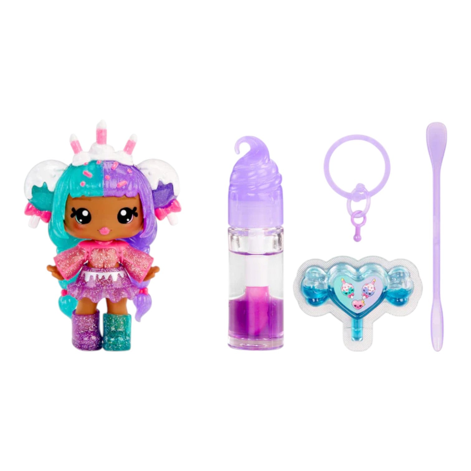 Yummiland Lip Gloss Doll – Mystery Color Change: Carly Cakepop Toy figure with turquoise hair and purple outfit, accompanied by a bottle and other accessories on a white background.
