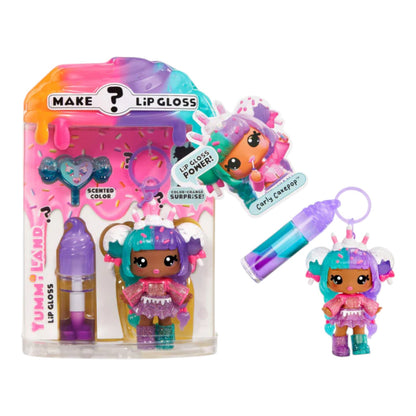 Yummiland Lip Gloss Doll – Mystery Color Change: Carly Cakepop with character figure and packaging on a white background