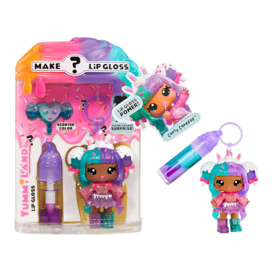 Yummiland Lip Gloss Doll – Mystery Color Change: Carly Cakepop with character figure and packaging on a white background