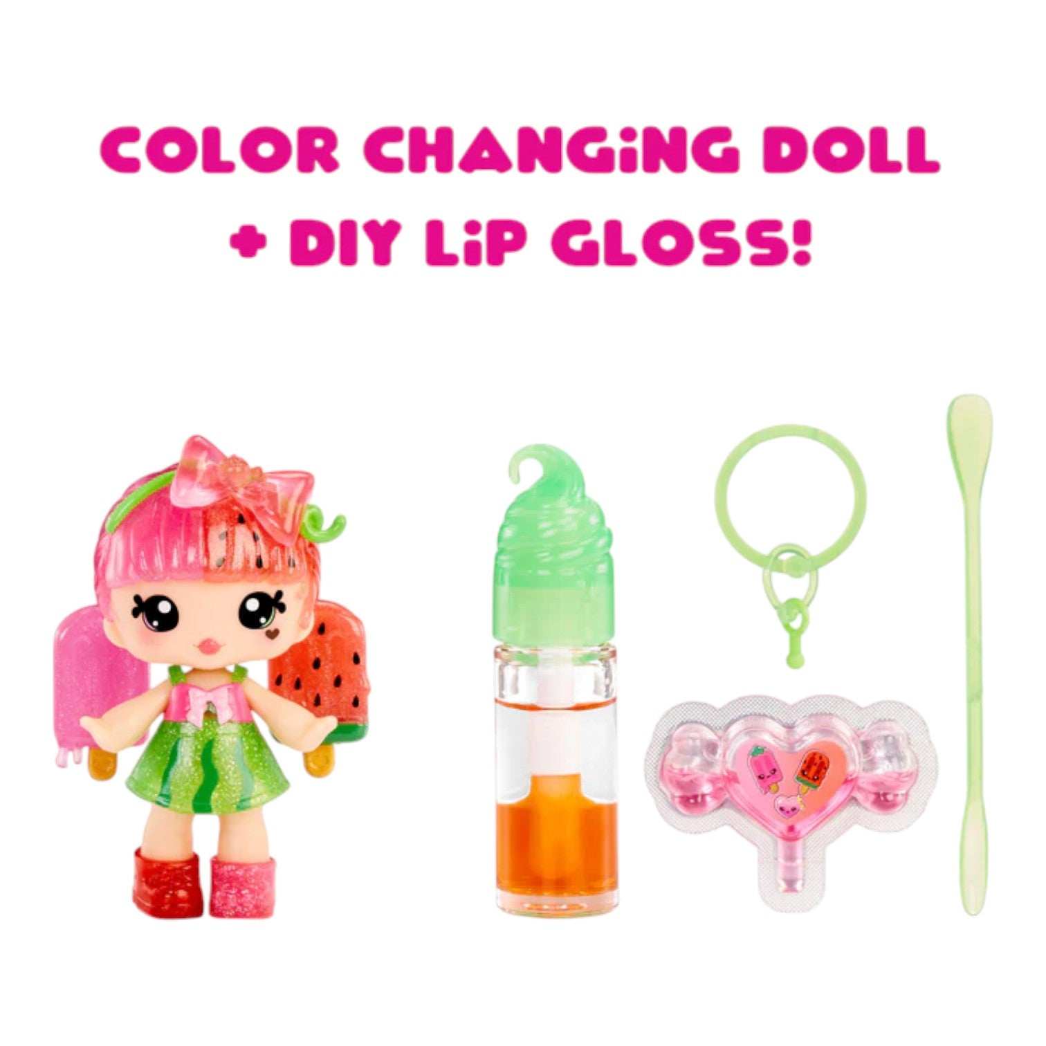 Yummiland Lip Gloss Doll Poppy Melonberry Color-changing doll with DIY lip gloss kit on a white background