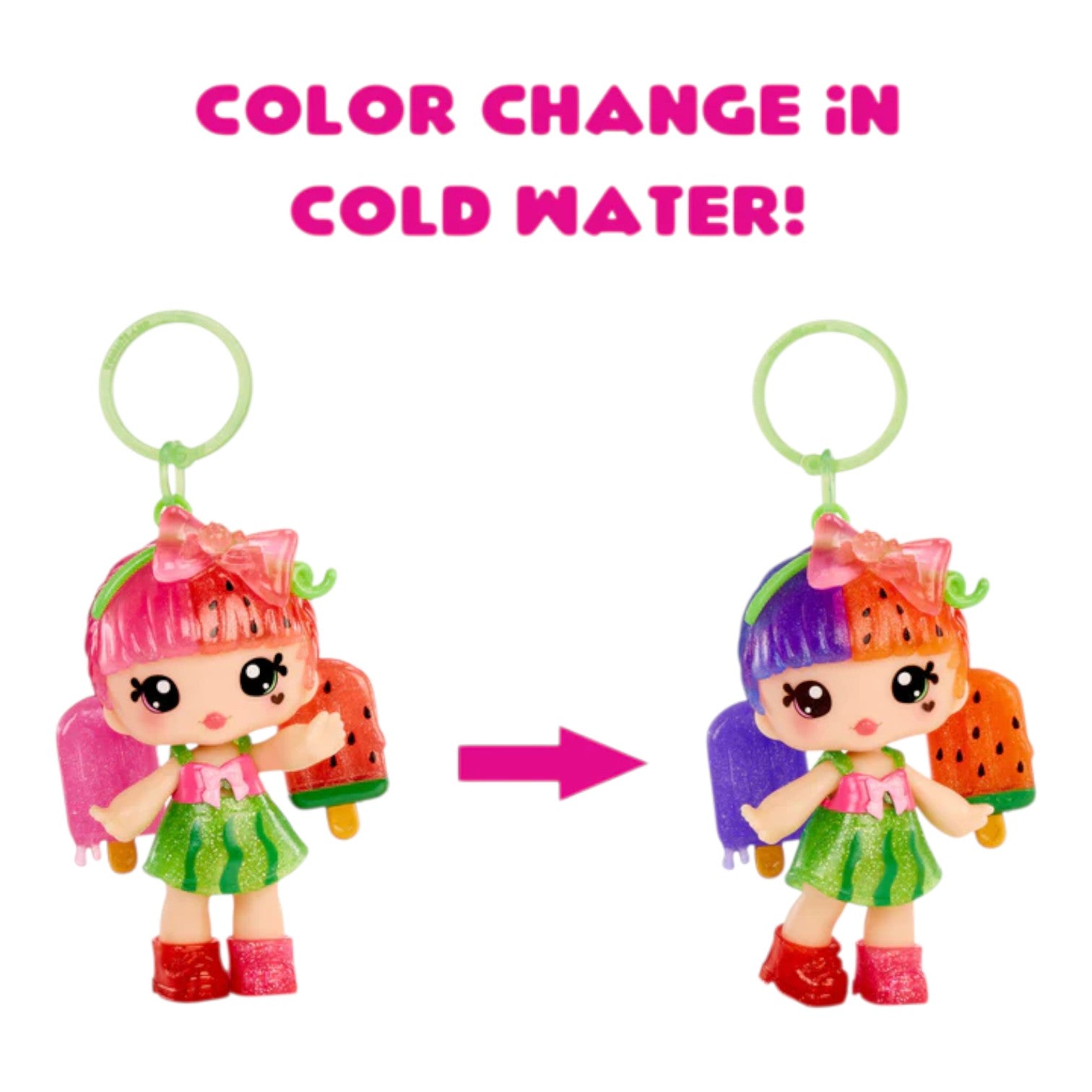 Color-changing Yummiland Lip Gloss Doll Poppy Melonberry  with text 'Color Change in Cold Water!' on a white background
