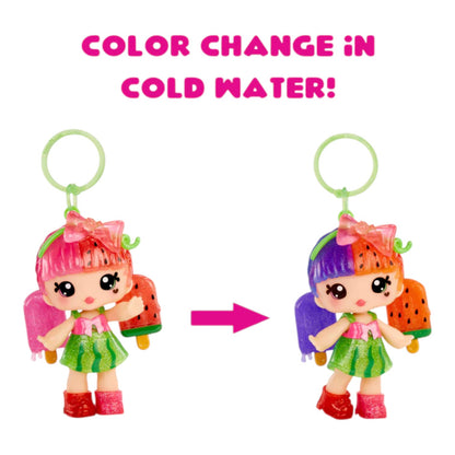 Color-changing Yummiland Lip Gloss Doll Poppy Melonberry  with text 'Color Change in Cold Water!' on a white background
